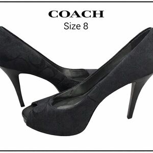 Coach Signature C Peep Toe Pumps Heels Black/Charcoal Canvas Jacquard Size 8